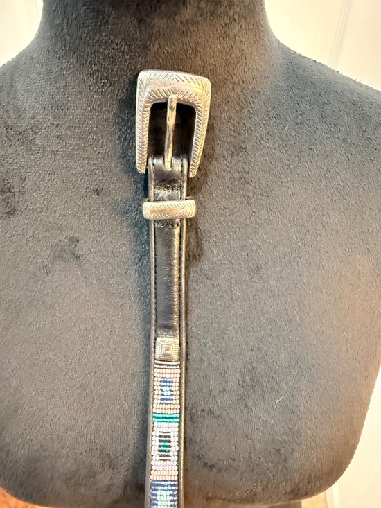 Vintage Beaded Leather Belt 7/8” Native Motif Size S 28 Boho Western main image 9